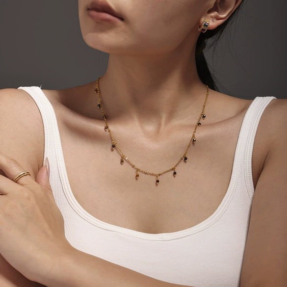 Wholesale Natural Stone 316L Stainless Steel Geometric Handmade Double Layer Overlay Electroplated 18K Gold Colorpreserving Women's Clavicle Necklace