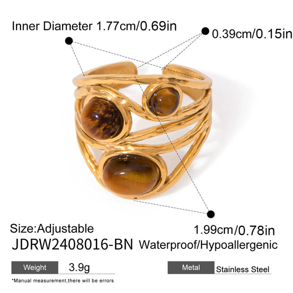 Wholesale Natural Stone Tiger Eye Stone Line Opening Ring Retro Design Titanium Steel Ring With Geometric Pattern And Electroplating Treatment For Women