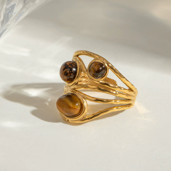 Wholesale Natural Stone Tiger Eye Stone Line Opening Ring Retro Design Titanium Steel Ring With Geometric Pattern And Electroplating Treatment For Women