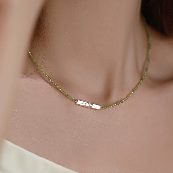 Wholesale Natural Style Copper Beaded Necklace With Olive Green Round Facet Natural Zircon And Baroque Freshwater Pearl Electroplated