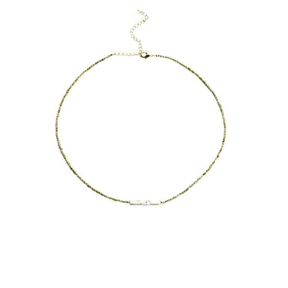Wholesale Natural Style Copper Beaded Necklace With Olive Green Round Facet Natural Zircon And Baroque Freshwater Pearl Electroplated