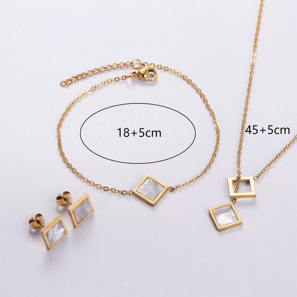 Wholesale Natural Style Plant Flowers Pattern Square Stainless Steel Electroplated Earrings Necklace Bracelet Threepiece Set For Women
