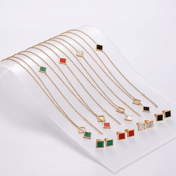 Wholesale Natural Style Plant Flowers Pattern Square Stainless Steel Electroplated Earrings Necklace Bracelet Threepiece Set For Women