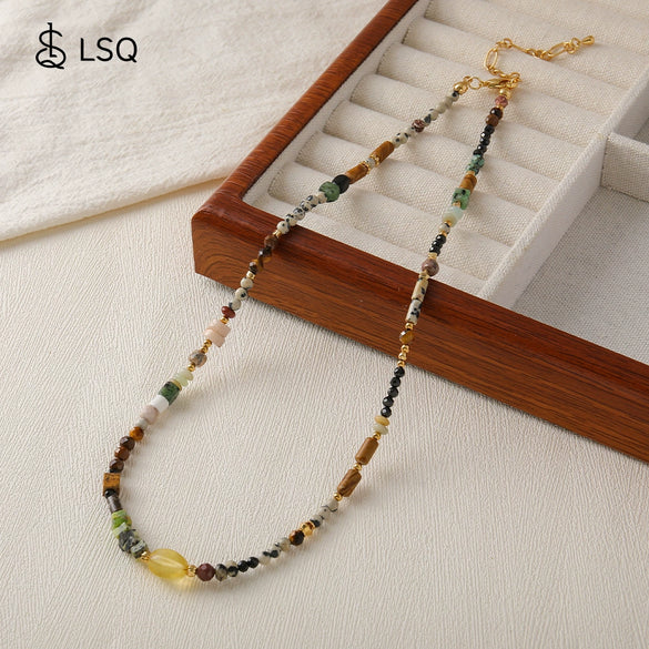 Wholesale Natural Tiger's Eye Stone And Picture Stone Beaded Handmade Geometric Pendant Necklace For Women