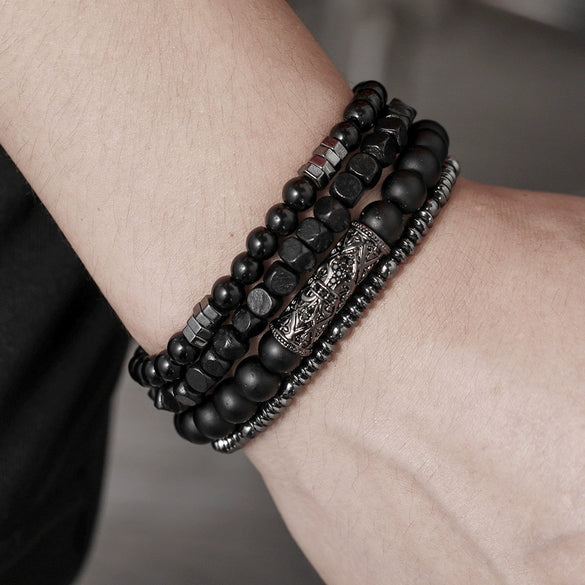 Wholesale Natural Wooden Beads And Copper Inlaid Zircon Beaded Bracelet Set Geometric Handmade Unisex