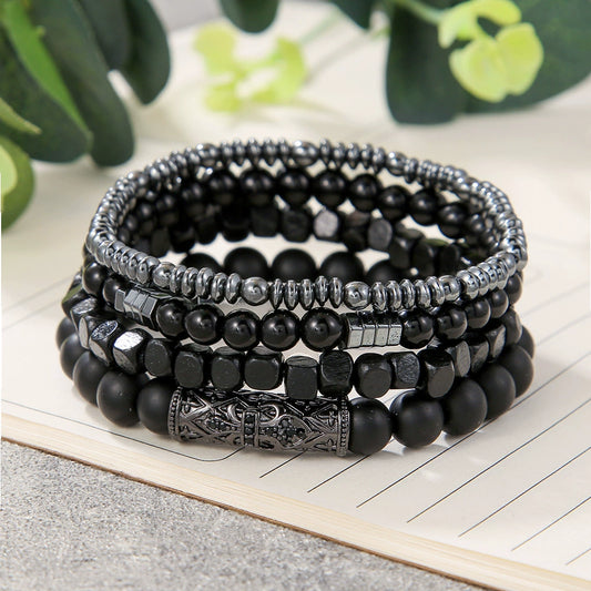 Wholesale Natural Wooden Beads And Copper Inlaid Zircon Beaded Bracelet Set Geometric Handmade Unisex