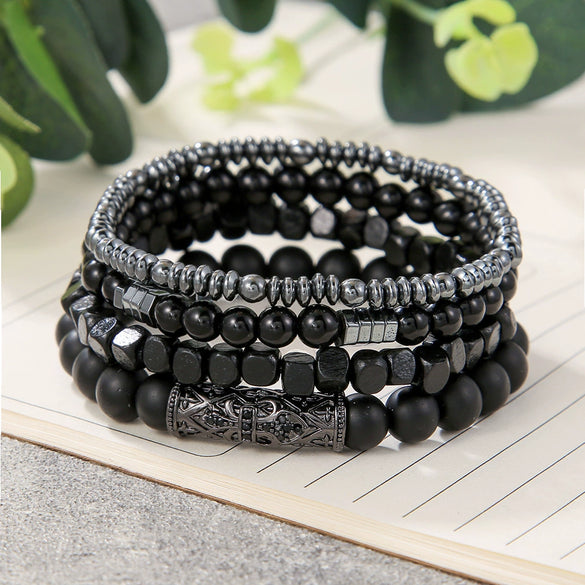 Wholesale Natural Wooden Beads And Copper Inlaid Zircon Beaded Bracelet Set Geometric Handmade Unisex