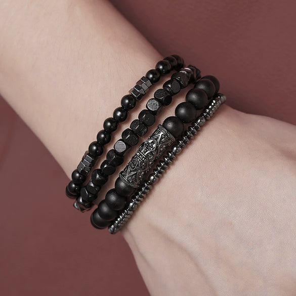 Wholesale Natural Wooden Beads And Copper Inlaid Zircon Beaded Bracelet Set Geometric Handmade Unisex