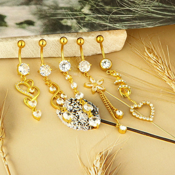 Wholesale Navel Ring Stainless Steel Inlaid Zircon With Heart Pattern And Electroplating Treatment Unisex