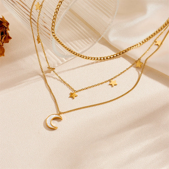 Wholesale Neck Chain Titanium Steel Geometric Moon Star Three Layer Design Women's
