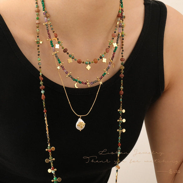 Wholesale Necklace African Turquoise Multilayer Clover Rice Beads Geometric Vintage Handmade For Women