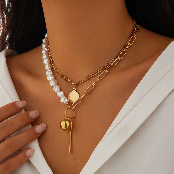 Wholesale Necklace Alloy Geometric Imitation Pearl Multilayer Stacked Electroplating For Women