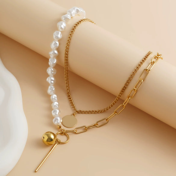 Wholesale Necklace Alloy Geometric Imitation Pearl Multilayer Stacked Electroplating For Women