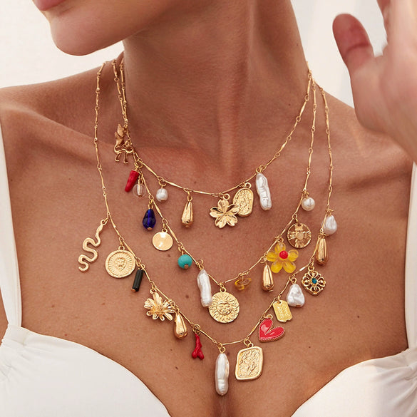 Wholesale Necklace Alloy Imitation Pearl Iron Chain Acrylic Turquoise Heart Shape Flower Drop Shape Geometric Electroplating