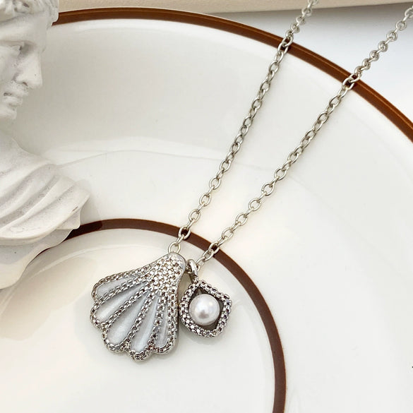 Wholesale Necklace Alloy Mermaid Shell Pearl Geometric Pendant Electroplating For Women