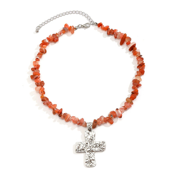 Wholesale Necklace Alloy Retro Geometric Style Electroplated Natural Stone Cross