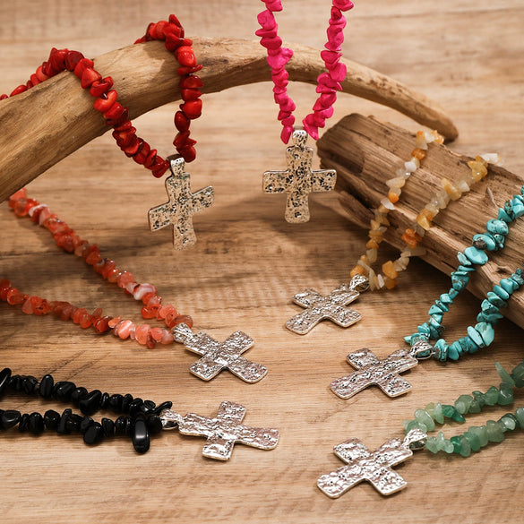 Wholesale Necklace Alloy Retro Geometric Style Electroplated Natural Stone Cross