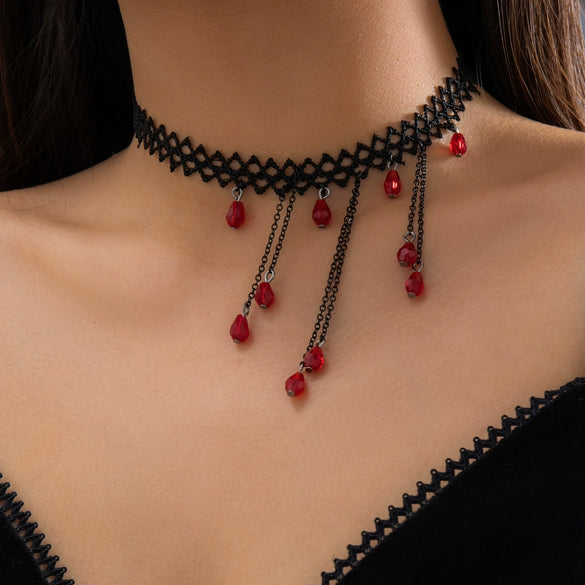 Wholesale Necklace Artificial Crystal Beaded Geometric Blood Drop Tassel Retro Gothic Style For Women
