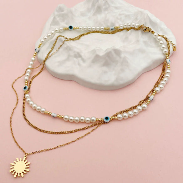 Wholesale Necklace Baroque Style Freshwater Pearl Stainless Steel Geometric Multilayer Simple Sun Pendant For Women