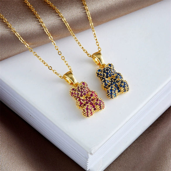 Wholesale Necklace Bear Animal Zodiac Pattern Copper Titanium Steel Electroplating Mixed Gem Inlay Ochain For Women Light Luxury Style