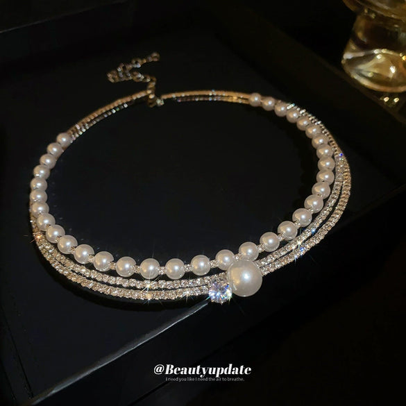 Wholesale Necklace Copper Alloy Diamondencrusted Geometric Multilayer Pearl Round Collar Light Luxury Elegant Women's Clavicle Chain