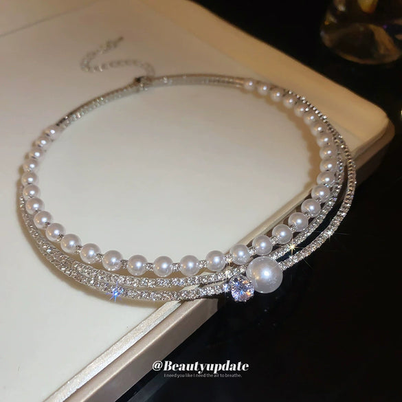 Wholesale Necklace Copper Alloy Diamondencrusted Geometric Multilayer Pearl Round Collar Light Luxury Elegant Women's Clavicle Chain