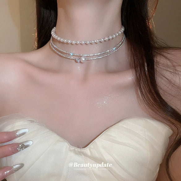 Wholesale Necklace Copper Alloy Diamondencrusted Geometric Multilayer Pearl Round Collar Light Luxury Elegant Women's Clavicle Chain