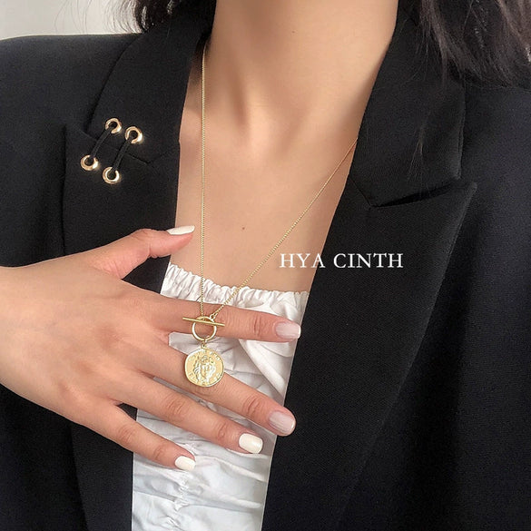 Wholesale Necklace Copper Alloy Geometric Design Electroplated Box Chain Retro Portrait Coin Style