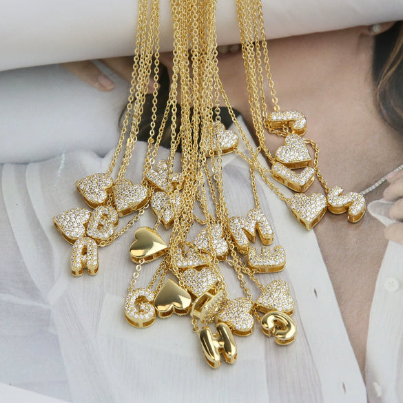 Wholesale Necklace Copper Brass Inlaid Heart Shape Pendant With Letters Numbers Text Electroplating For Women