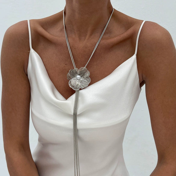 Wholesale Necklace Copper Chain Imitation Pearls Flower Shape Electroplating Women's