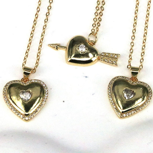Wholesale Necklace Copper Heart Shaped Mixed Gem Inlay Water Wave Chain Electroplating Retro Fashion