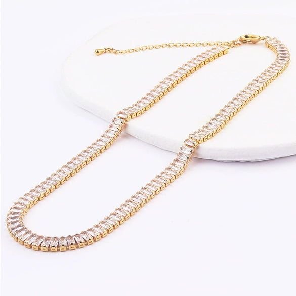 Wholesale Necklace Copper 18K Rectangular Horizontal Claw Chain Diamond Zircon Women's