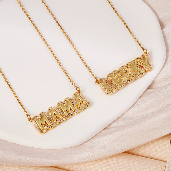 Wholesale Necklace Copper Light Luxury Style English Letter Pendant O Word Chain Mixed Gemstone Setting Electroplating For Women