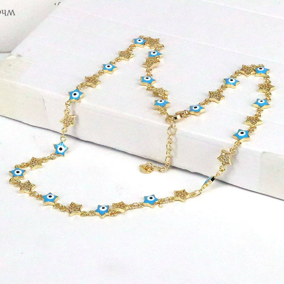 Wholesale Necklace Copper Mixed Gemstone Setting Geometric Fivepointed Star Electroplating Retro Style