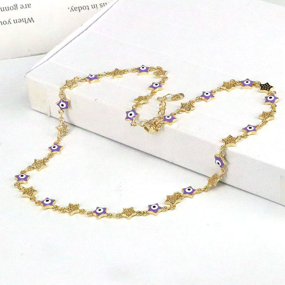 Wholesale Necklace Copper Mixed Gemstone Setting Geometric Fivepointed Star Electroplating Retro Style