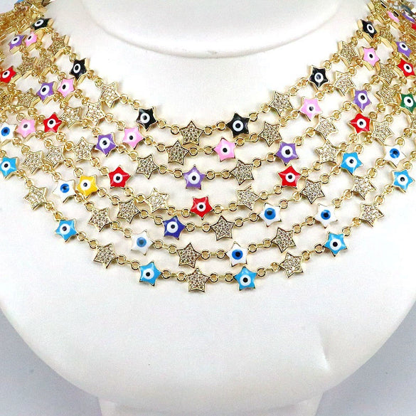 Wholesale Necklace Copper Mixed Gemstone Setting Geometric Fivepointed Star Electroplating Retro Style