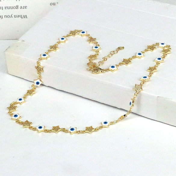 Wholesale Necklace Copper Mixed Gemstone Setting Geometric Fivepointed Star Electroplating Retro Style