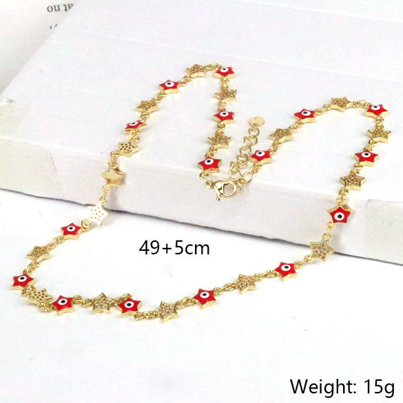 Wholesale Necklace Copper Mixed Gemstone Setting Geometric Fivepointed Star Electroplating Retro Style
