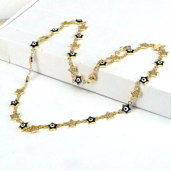 Wholesale Necklace Copper Mixed Gemstone Setting Geometric Fivepointed Star Electroplating Retro Style