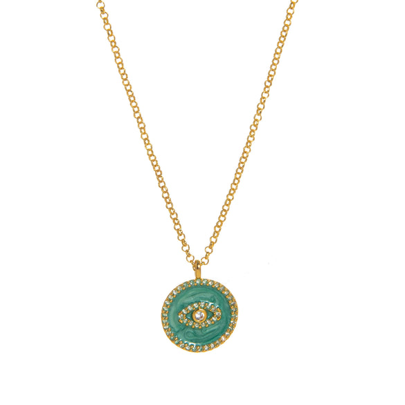 Wholesale Necklace Copper Mixed Gemstone Setting Retro Style Round Coin Blue Turquoise Devil's Eye White Shellfish Four Leaf Clover Love Heart Electroplating For Women