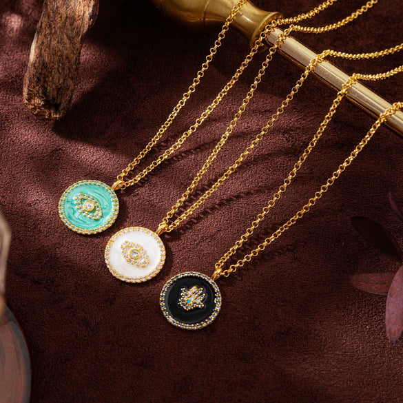 Wholesale Necklace Copper Mixed Gemstone Setting Retro Style Round Coin Blue Turquoise Devil's Eye White Shellfish Four Leaf Clover Love Heart Electroplating For Women