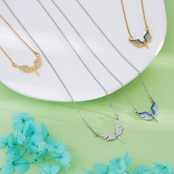 Wholesale Necklace Copper Titanium Steel Geometric Angel Wings Love Creative Light Luxury Electroplating Mixed Gemstone Inlay For Women