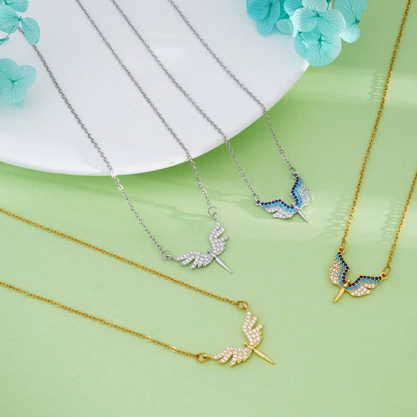 Wholesale Necklace Copper Titanium Steel Geometric Angel Wings Love Creative Light Luxury Electroplating Mixed Gemstone Inlay For Women