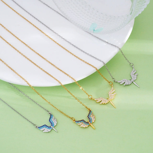 Wholesale Necklace Copper Titanium Steel Geometric Angel Wings Love Creative Light Luxury Electroplating Mixed Gemstone Inlay For Women