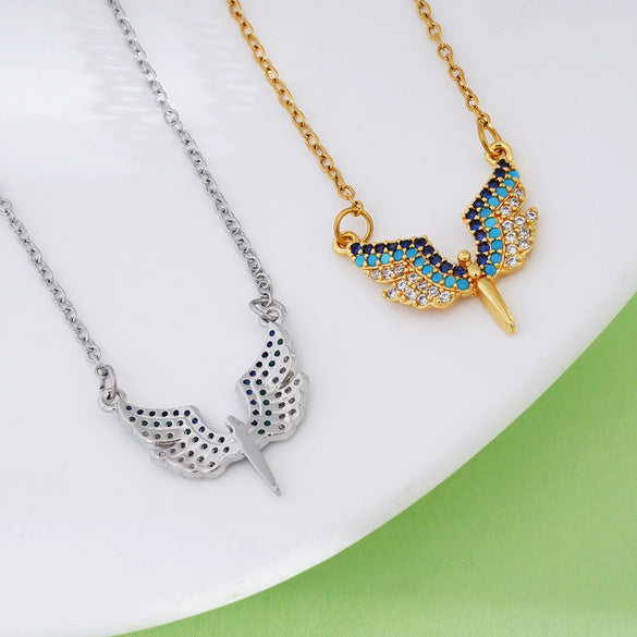 Wholesale Necklace Copper Titanium Steel Geometric Angel Wings Love Creative Light Luxury Electroplating Mixed Gemstone Inlay For Women