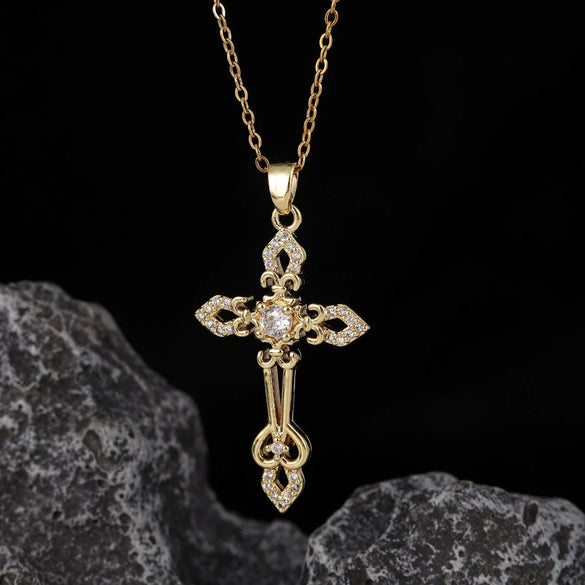 Wholesale Necklace Copper Zircon Electroplated Real Gold Geometric Cross Pendant For Women