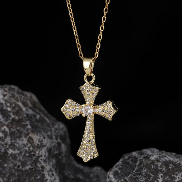 Wholesale Necklace Copper Zircon Electroplated Real Gold Geometric Cross Pendant For Women