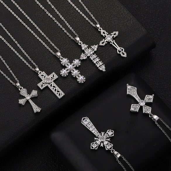 Wholesale Necklace Copper Zircon Electroplated Real Gold Geometric Cross Pendant For Women
