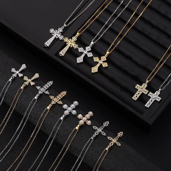 Wholesale Necklace Copper Zircon Electroplated Real Gold Geometric Cross Pendant For Women