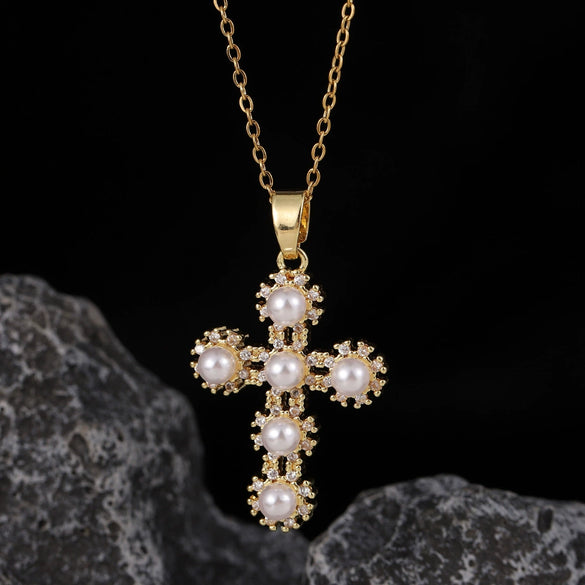 Wholesale Necklace Copper Zircon Electroplated Real Gold Geometric Cross Pendant For Women